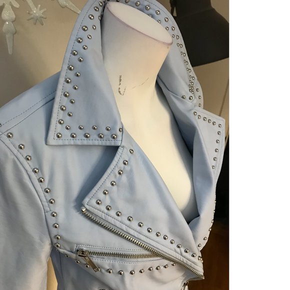 F21 SKY BABY BLUE vegan leather studded biker moto jacket coat blazer NWT - Picture 3 of 13